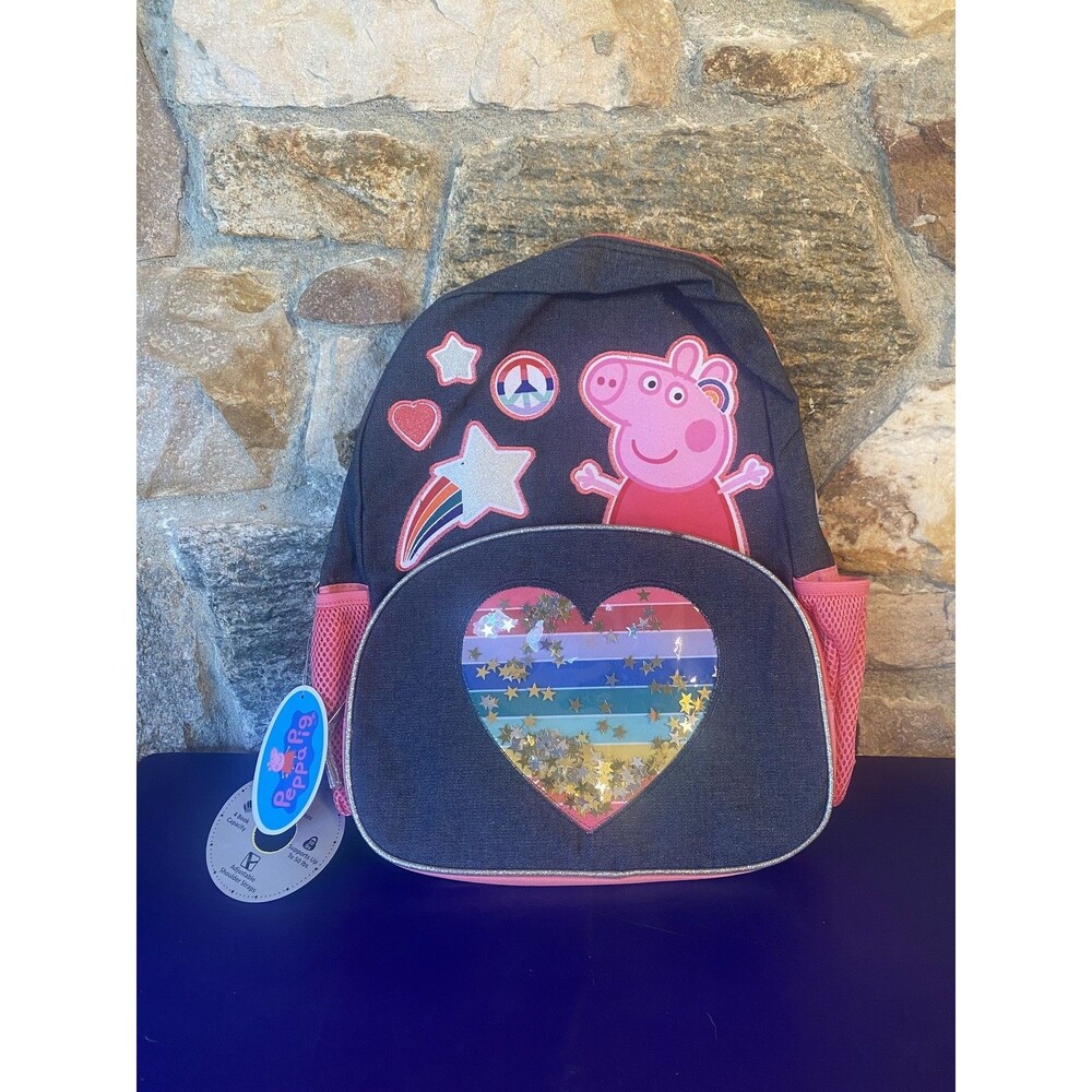 Peppa Pig Kids Backpack Girls School Bag Glitter Heart Rainbow Straps New